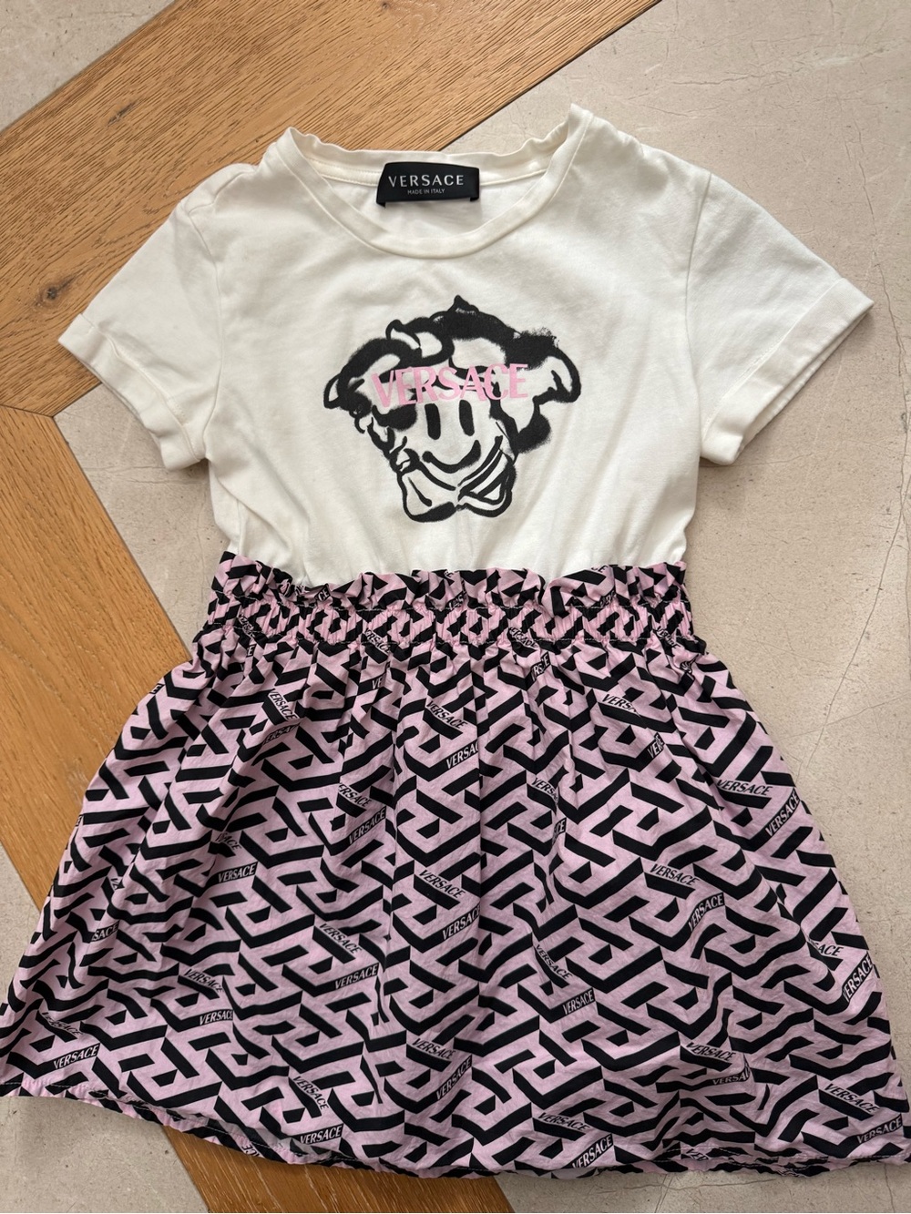 Versace Kids Cream, Black & Pink Logo Smiley Dress